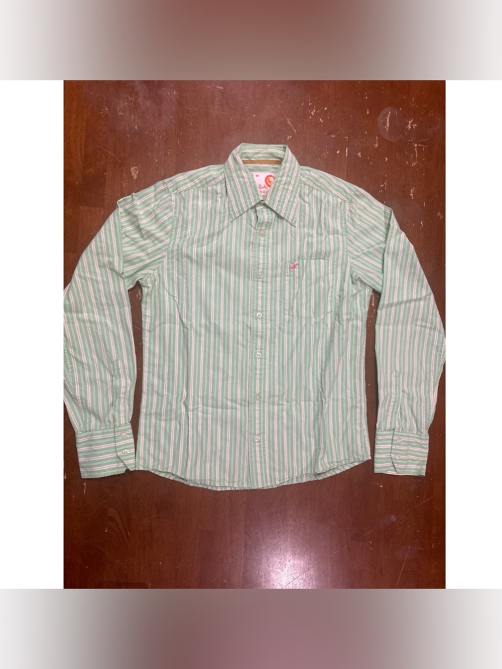Hollister Green and White Striped Button-Down Shirt 100% cotton.